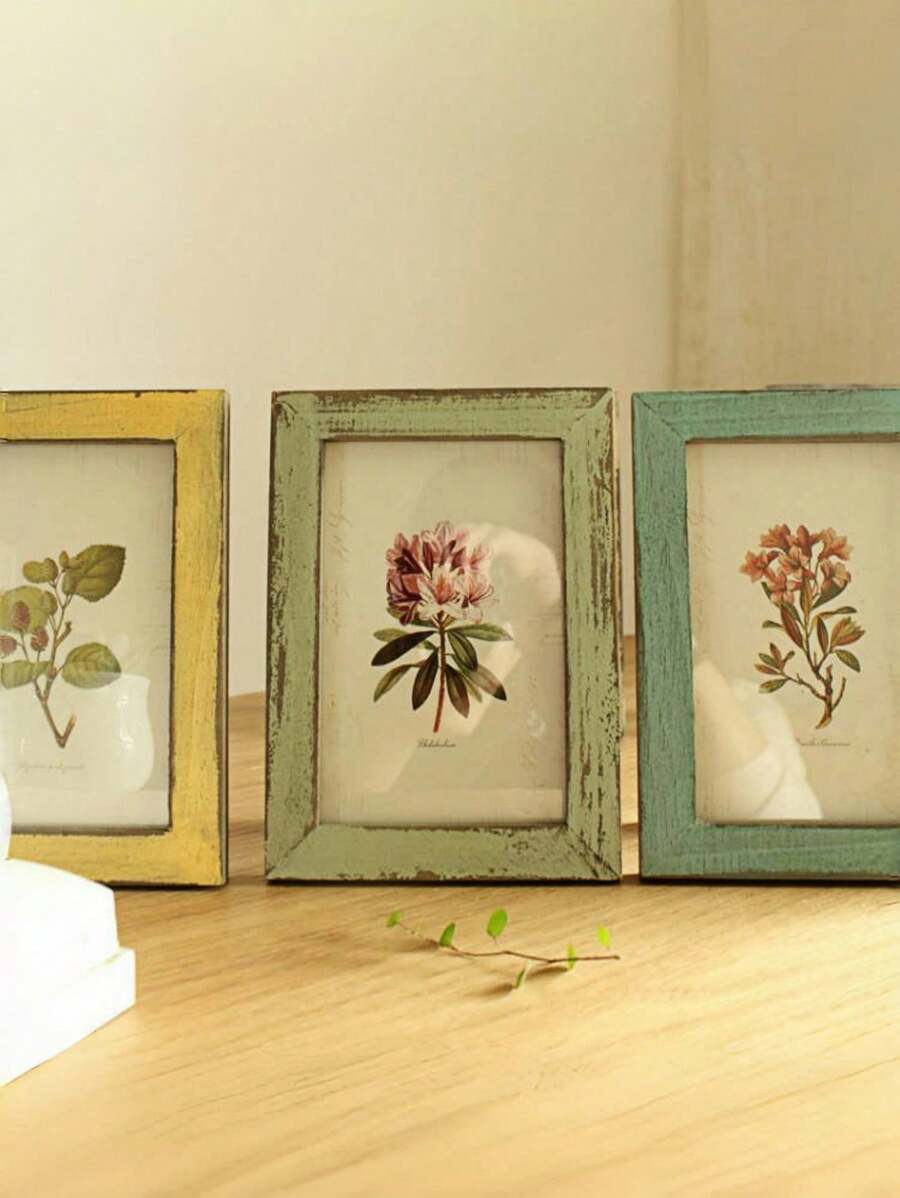 SHEIN 1pc Photo Frames, Rustic Wooden Picture Frames, Vintage 5-Inch Photo Holder, Farmhouse Style Wall Decor, Distressed Finish For Home & Office Display, Home Decor