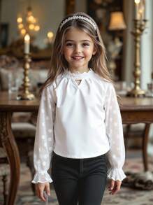 Young Girls White Long Sleeve Polka Dot Mesh Soft Comfortable Ruffled Collar Blouse Casual Daily Wear, Spring Autumn Back To School Look Fall Winter - White - View 3