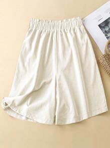 SHEIN LUNE Quần short cạp chun co giãn, ôm vừa vặn, quần kaki cạp cao, quần short đến giữa đùi, đa năng cho mùa xuân/hè - Màu be - Xem 2