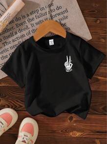 SHEIN Playful Pals 男婴休闲时尚创意标语字母图案印花基本款短袖圆领 T 恤，夏季 - 黑色 - 查看 2