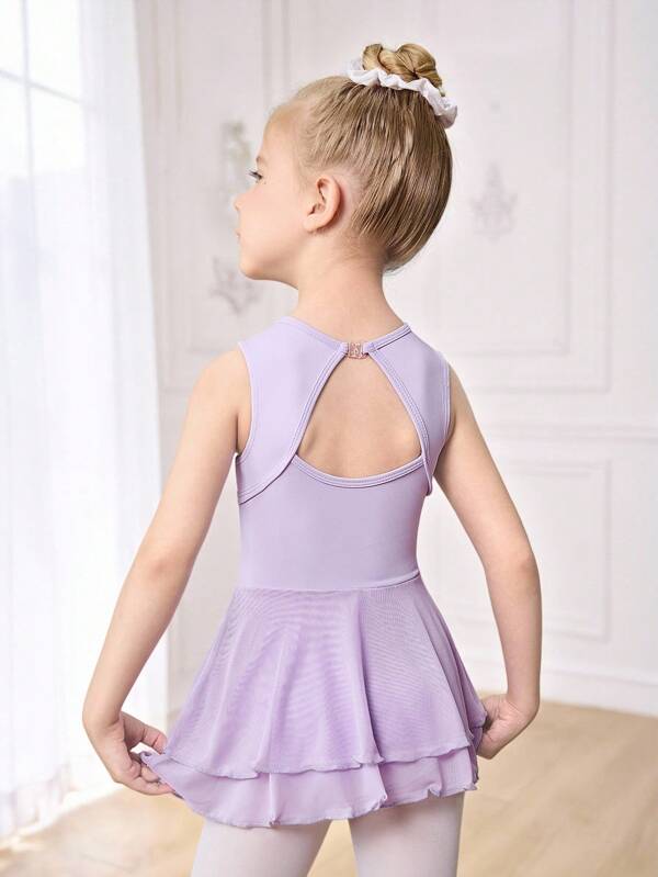 SHEIN Young Girls Purple Sleeveless Hollow Back Ballet Leotard With Tulle Skirt, 4-Way Stretch High Stretch Children Ballet Dance Bodysuit