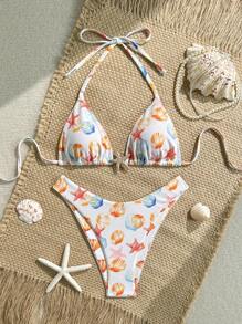 Swim Mod 2pcs/Set Summer Beach Vacation Random Ripple Pattern Textured Fabric Gold Starfish Decor Halter Bra Top & High Cut Bikini Bottoms Sexy Swimsuit - Multicolor - View 2