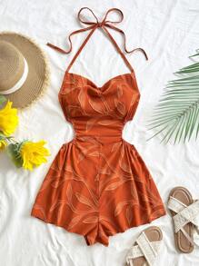 Soleia 女士度假露背系带镂空腰部宽松连体衣，波西米亚风，浪漫花卉，度假风 - 棕色 - 查看 3