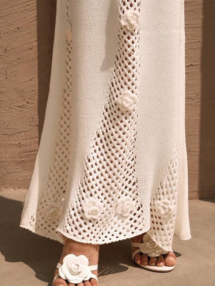 Romantic Embroidered 3D Floral Openwork Knitted Skirt, Suitable For Holiday & Travel, Spring/Summer