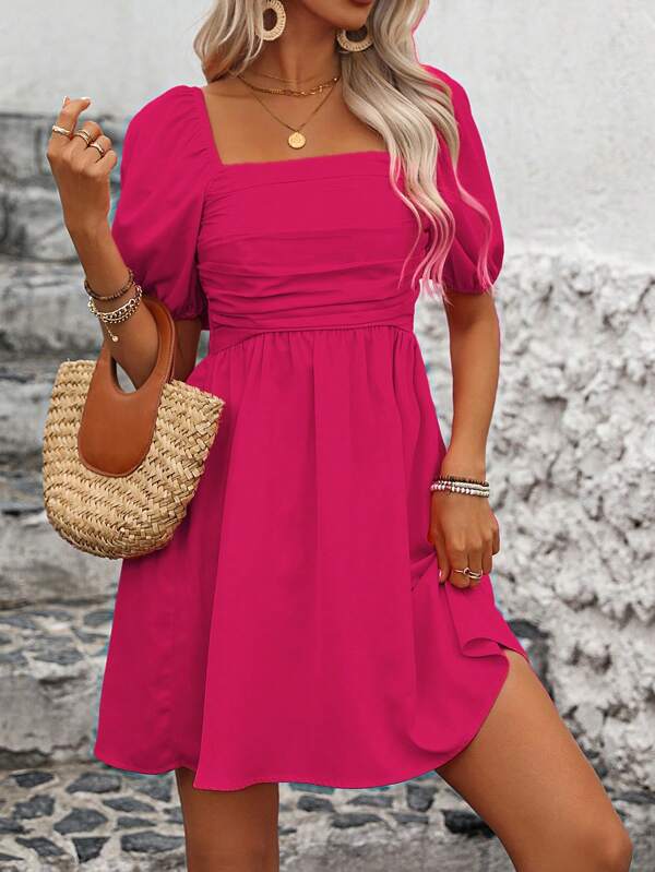 Breezaya 女式夏季纯色方领短款泡泡袖褶皱迷你优雅连衣裙度假海滩装