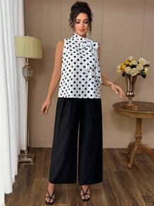 SHEIN Clasi Plate-Size Women's Vacation And Leisure Polka Dot Summer Two Pieces Set - Black and White - View 6