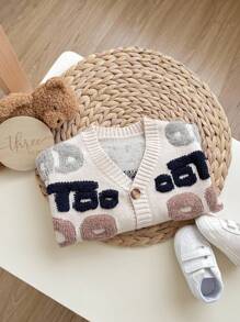 SHEIN Baby Boy/Girl Apricot Minimalist Letter Pattern Soft Knit V-Neck Long Sleeve Cardigan Sweater, Casual Warm Style Suitable For Home And Outdoor Wear, Autumn/Winter - Apricot - View 4