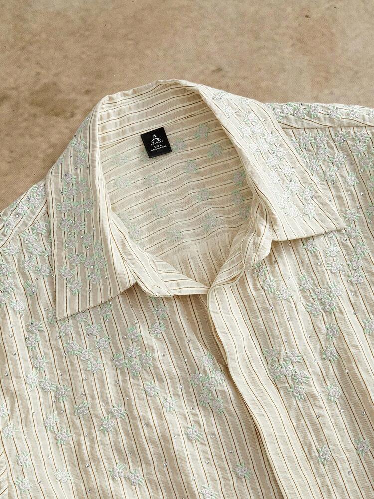 メンズ秋 ヨーロッパ調 クラフト調 ラインストーン刺繍 ストライプ オリジナルテクスチャー ゆとりあるシルエット 独立記念日 長袖 グリーンシャツ