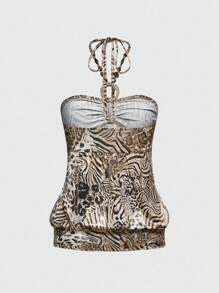 ROMWE Hippie 加大码 Y2K 嬉皮动物印花金箔吊带上衣 - 彩色 - 查看 2