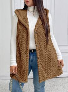 SHEIN Elenzya Plus Size Casual Fluffy Jacquard Solid Color Thick Hooded Single-Breasted Versatile Cardigan Vest Jacket Winter Fall Autumn - Brown - View 7