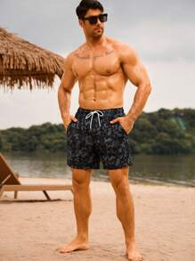 ZELFYO 男士花卉印花休闲沙滩短裤 男士黑色泳裤 黑色夏威夷泳裤 男士花卉泳裤 - 灰色 - 查看 3
