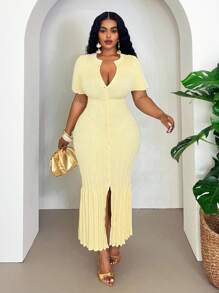 Slaydiva 春夏新品百搭优雅针织 A 字裙，休闲日常穿着，生日，派对，通勤，大码，短袖圆领 - 黃色 - 查看 4