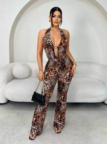 SHEIN SXY Women's Leopard Print Plunging V-Neck Halter Backless Flare Jumpsuit, Summer, Leopard Print Jumpsuit ,Leopard Jumpsuit ,Cheetah Print Jumpsuit, Animal Print Jumpsuit,Business Casual Woman,Office Wear Women,Work,Going Out,Airport,Date Night Outfits Women,Old Money,Club Outfits Women Sexy,Women Summer Clothes,Halter ,Rave Outfits,Sexy Outfits For Women,Club Outfit,Going Out Tops Women,Halter ,Sexy Outfits For Women,Old Money Style Women