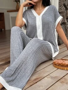 Lazeform 2 件套女士针织休闲拼色 V 领短袖上衣和裤子家居服套装 - 灰色 - 查看 3