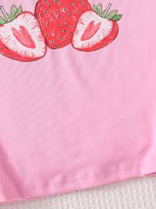 Bộ quần áo bé gái tay ngắn họa tiết dâu tây, nơ trang trí, thoải mái, ngọt ngào, thời trang, thích hợp mặc mùa hè. Bộ đồ trẻ em họa tiết dâu tây, quần áo trẻ em in hình dâu tây, quần short kẻ sọc hồng, quần áo mùa hè cho bé gái. - Hồng - Xem 6