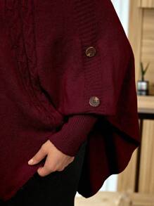 Linhara بونشو كنزة صوفية محبوك بأكمام خفاش وياقة عالية بأزرار، لون أحادي أنيق مناسب للخريف والشتاء - عنابي اللون - مشاهدة 5