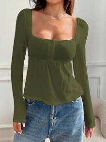 SHEIN EZwear 女款橄欖綠前扣長袖休閒性感襯衫，秋季，夜晚 - 軍綠色 - 查看 4