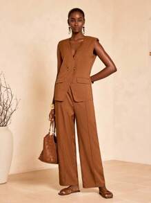 Zivah 2025 新款夏季母亲节婚礼嘉宾生日派对日常休闲度假时尚别致街头优雅办公室商务休闲 V 领无袖纽扣背心外套和直筒裤棕色竹纤维面料女 2 件套秋冬 - 棕色 - 查看 7