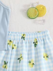少女简约柠檬格子印花吊带背心和短裤休闲套装 返校时尚 - 彩色 - 查看 7