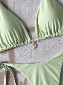 SHEIN Swim 纯色比基尼泳装，适合春假海滩度假 - 薄荷綠 - 查看 3