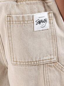 SUMWON 男童休闲抽绳宽松款经典夏季牛仔休闲短裤青少年日常裤带口袋 - 杏色 - 查看 5