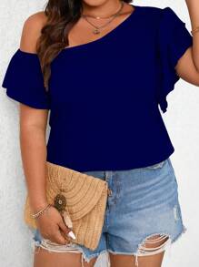 EMERY ROSE Áo thun trơn cổ bẻ bất đối xứng cỡ lớn cho nữ - Màu xanh hải quân - Xem 6