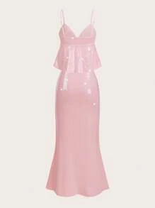 SHEIN EZwear 女士纯色亮片荷叶边下摆吊带背心和鱼尾中裙两件套，优雅 - 粉色 - 查看 2