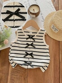 LMoss Kids LMoss  Young Girl Knit Striped Bow Embellished Fitted Camisole Girls Striped Top Kids Sleeveless Top Bow Top For Girls Cute Summer Top For Kids Girls Knitted Top Girls Sleeveless Top Kids Summer Top Striped Top For Girls Knitted Top For Girls