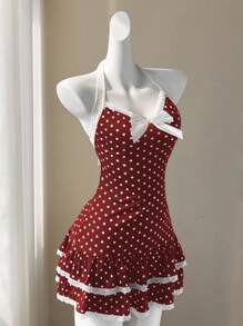 Elamini 复古黑白圆点蕾丝边蝴蝶结点缀露背系带腰部拼接荷叶边下摆迷你连衣裙，优雅可爱，适合夏季、海滩、度假、日常穿着、约会 - 紅色 - 查看 1