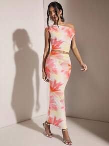 SHEIN BAE 女式不对称褶皱修身两件套，适合夏季/海滩度假、生日派对，优雅图案印花上衣 - 粉色 - 查看 7