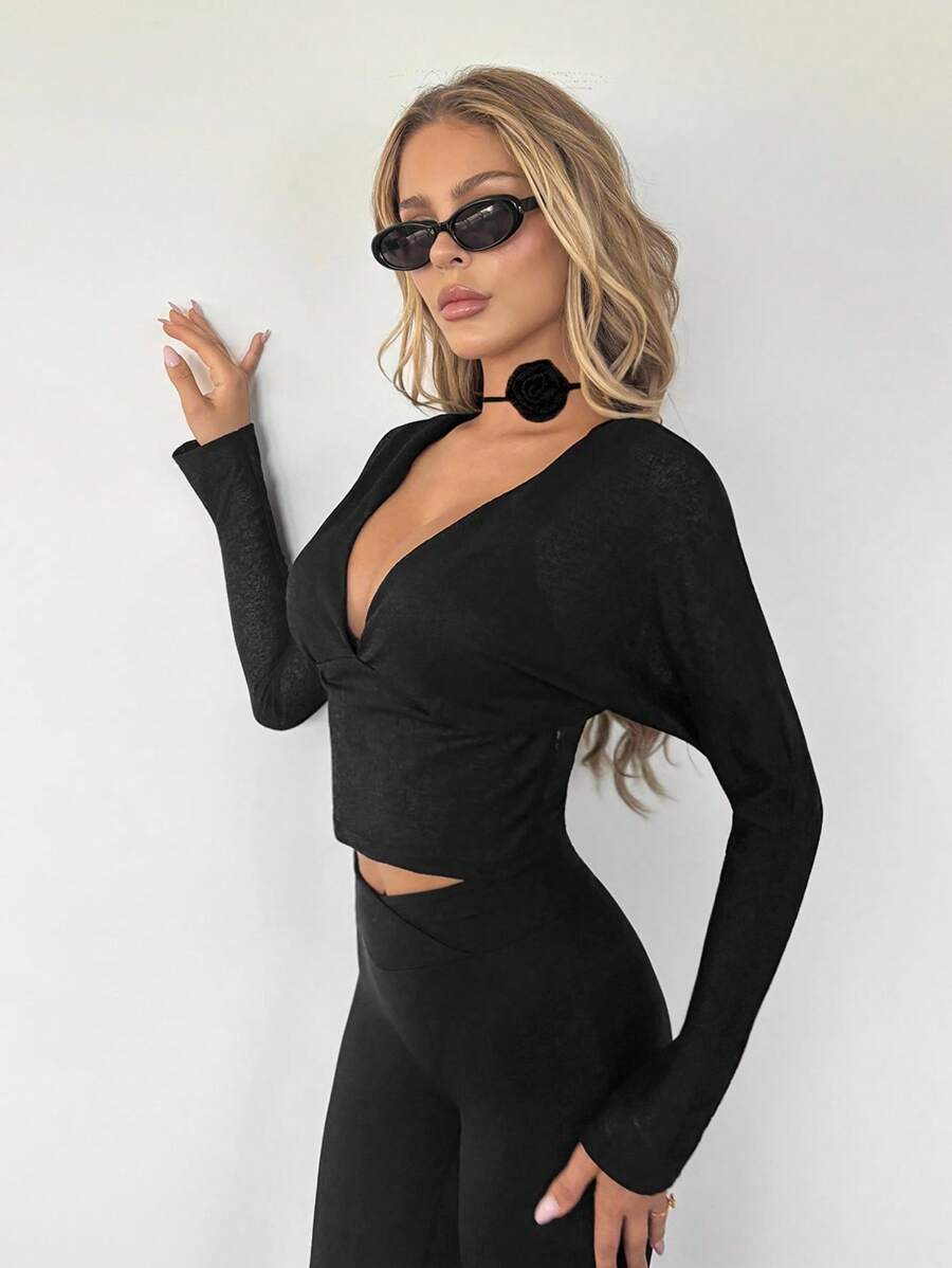 SHEIN ICON Áo cánh dài tay hở vai cổ chữ V sâu cho nữ - màu đen - Xem 1