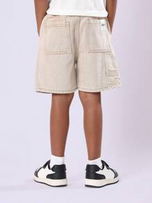 SUMWON 男童休闲抽绳宽松款经典夏季牛仔休闲短裤青少年日常裤带口袋 - 杏色 - 查看 2