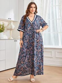 Al Najma Casual Allover Print V-Neck Short Sleeve Loose Regular Dress For Plus Size Women, Spring/Summer - Multicolor - View 4