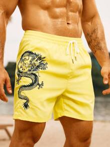 Surfspeed Men's Summer Chinese Dragon Print Drawstring Waist Beach Shorts - Yellow - View 7