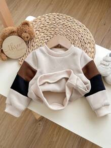 男婴休闲可爱舒适针织袖拼接圆领长袖运动衫，适合外出、上学、日常聚会、秋冬季 - 彩色 - 查看 5