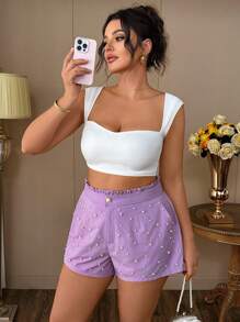 Celure Plus Size Women Pearl Decor Fitted Shorts