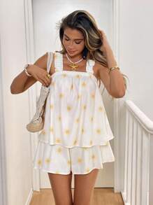 SHEIN Frenchy Women's Summer Ruffle Strap Sun Print Top And Shorts 2 Pieces Set Casual - Yellow - View 4