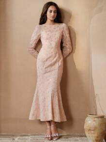 Anewsta 花卉亮片刺绣粉色长袖美人鱼下摆晚礼服 - 粉色 - 查看 3