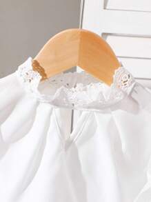 Young Girls White Long Sleeve Polka Dot Mesh Soft Comfortable Ruffled Collar Blouse Casual Daily Wear, Spring Autumn Back To School Look Fall Winter - White - View 6