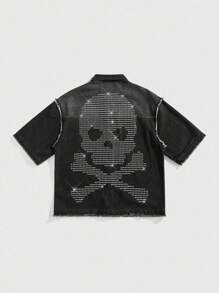 ROMWE MEN Goth Men's Boxy Fit Printed Denim Shirt, Rhinestone Short Sleeve Denim Top - Black - View 2