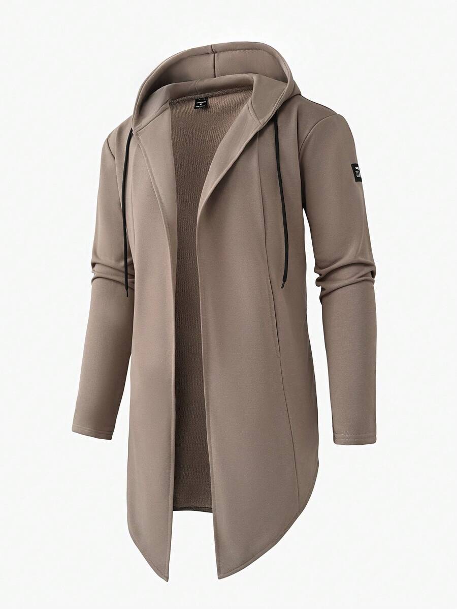 Manfinity Homme 男士休闲经典纯色连帽卫衣外套，适合春秋季节穿着，四季皆宜。舒适百搭，适合全天穿着。卡其色修身纯色外套，轻便透气，可叠穿。舒适时尚，是度假、日常休闲和通勤的理想之选。送给男友或丈夫的理想礼物。长款连帽衫，连帽开衫，男士长款外套，男士长款大衣，长款夹克