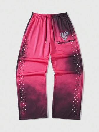 Street Life Pantalones de chándal flojos y desgastados con decoración de perlas para hombre, holgados