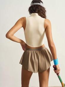 VARSIVA Women's Solid Color Zipper Curved Hem Sleeveless Stand Collar Casual Tank Top - Apricot - View 2