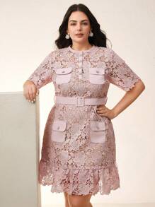 Anewsta 女士蓝色水溶性蕾丝边优雅经典短袖迷你连衣裙，适合夏季、节日、优雅、假日、度假、休闲、优雅、海滩