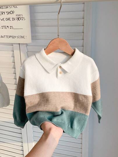 SHEIN Suéter de bebé niño de manga larga con cierre a presión, cuello suave y estampado de bloques de color
