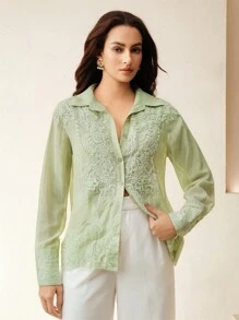Anewsta 女士时尚蕾丝边开襟长袖衬衫 - 薄荷綠 - 查看 4