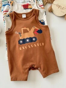 3 件套新生儿男婴/女婴夏季可爱卡通条纹图案连体衣套装 - 彩色 - 查看 3