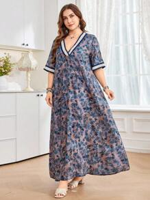 Al Najma Casual Allover Print V-Neck Short Sleeve Loose Regular Dress For Plus Size Women, Spring/Summer - Multicolor - View 3