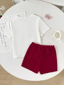 Set da due pezzi per ragazze pre-adolescenti, composto da top a maniche corte con stampa a fiocco in jacquard avorio e pantaloncini a righe in maglia, adatto per il ritorno a scuola - Multicolore - Visualizzare 2