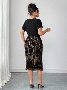 Auvina Plus Size Women Patchwork Floral Lace Hem Overlap V-Neck Short Sleeve Elegant Dress - Multicolor - View 2